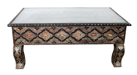 Embossed Metal and Bone Table with Glass Top