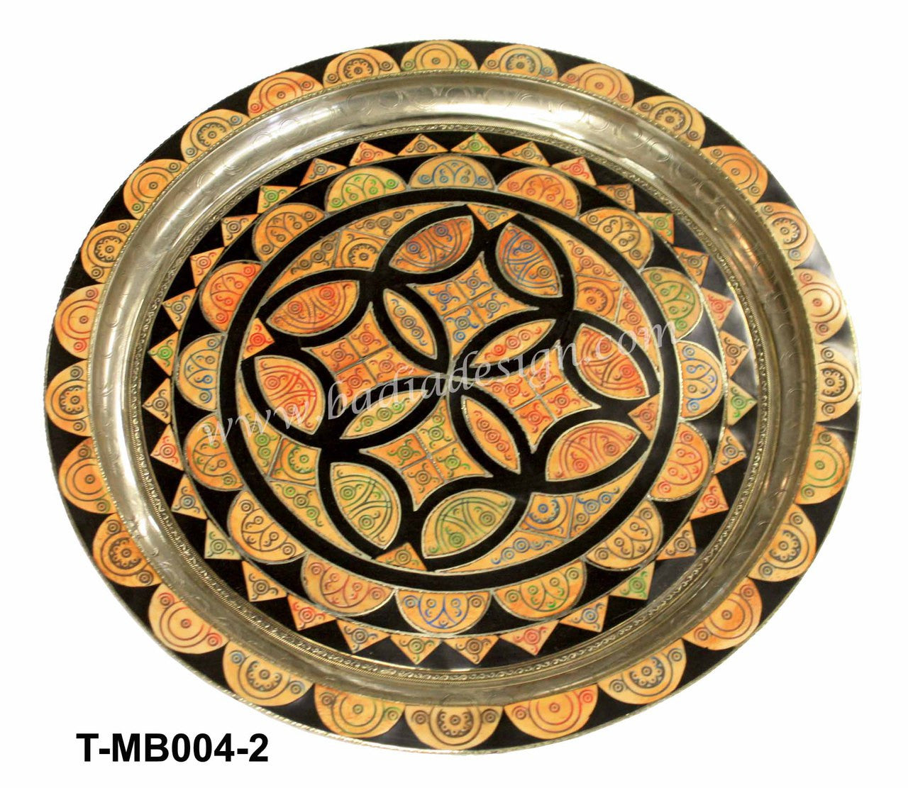 Round Embossed Brass and Orange Bone Inlay Tray