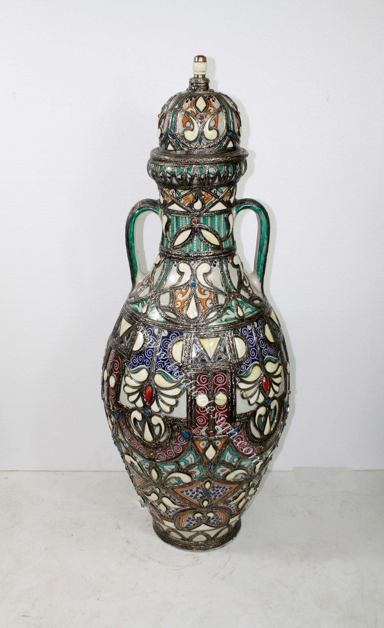 Large Moroccan Metal and Bone Inlay Ceramic Urn