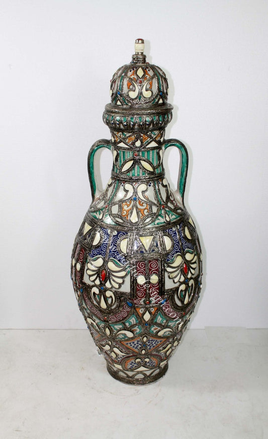 Large Moroccan Metal and Bone Inlay Ceramic Urn