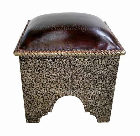Embossed Metal and Brown Leather Ottoman