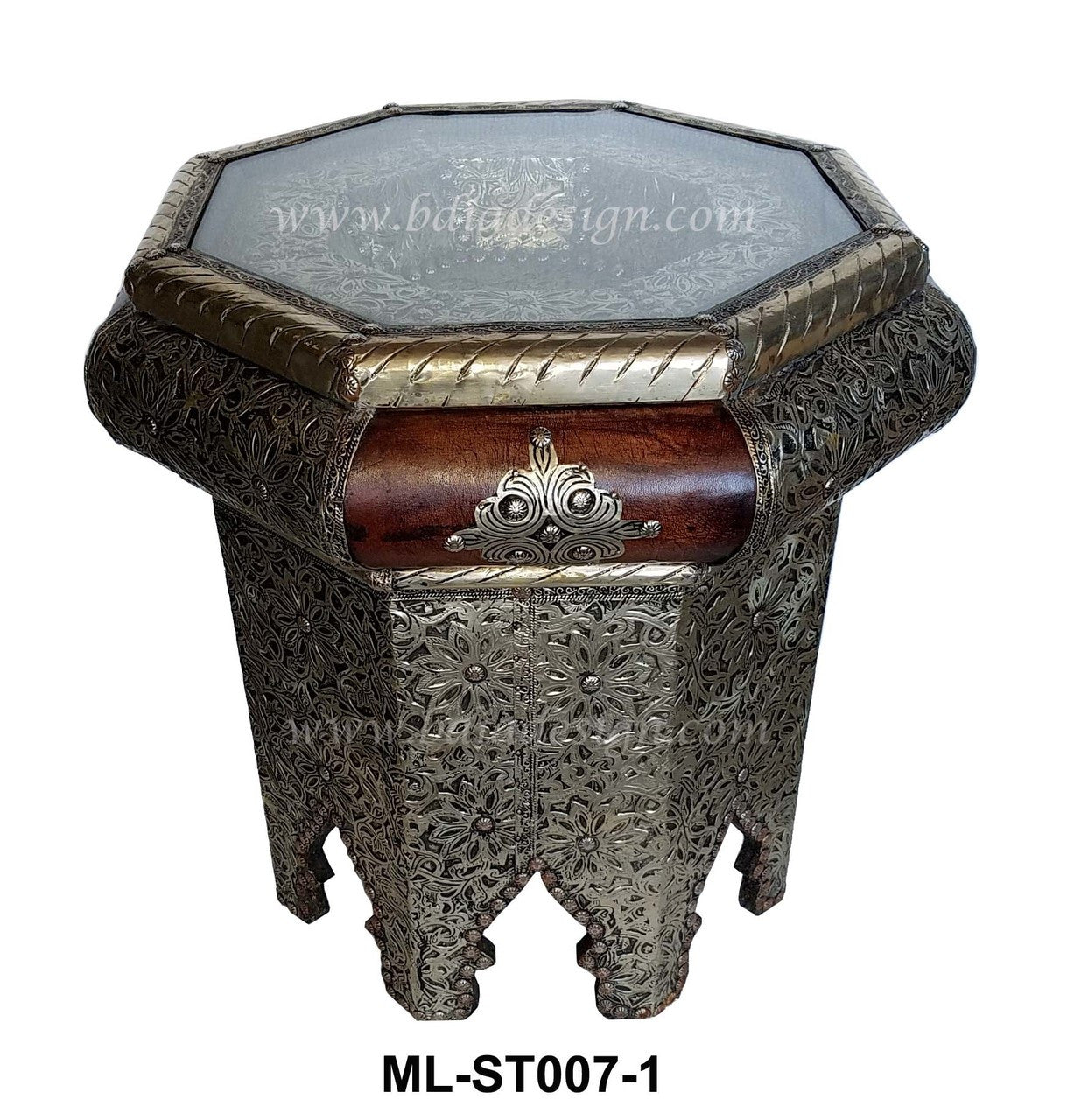 Octogonal Embossed Metal and Leather Side Table