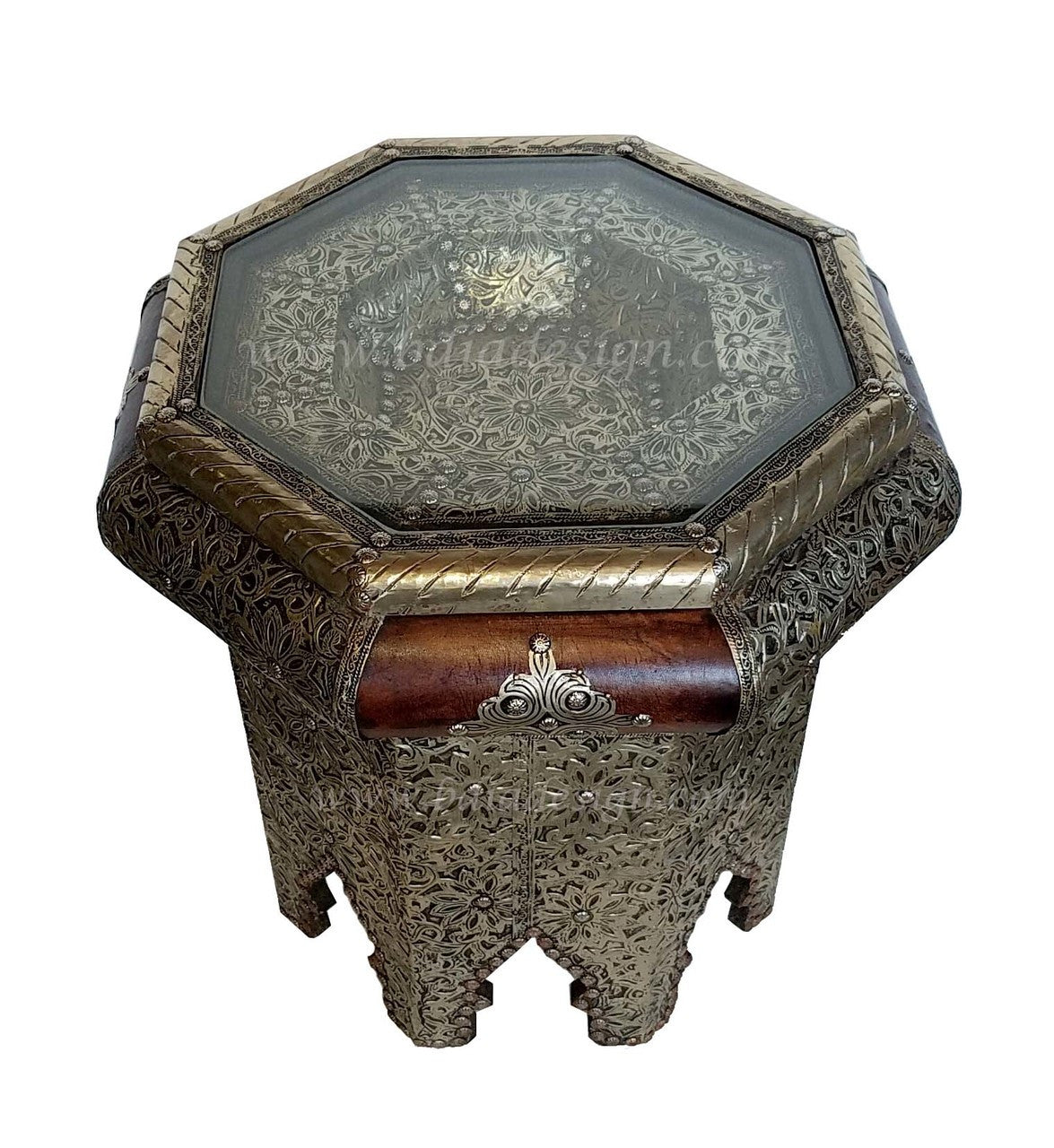 Octogonal Embossed Metal and Leather Side Table