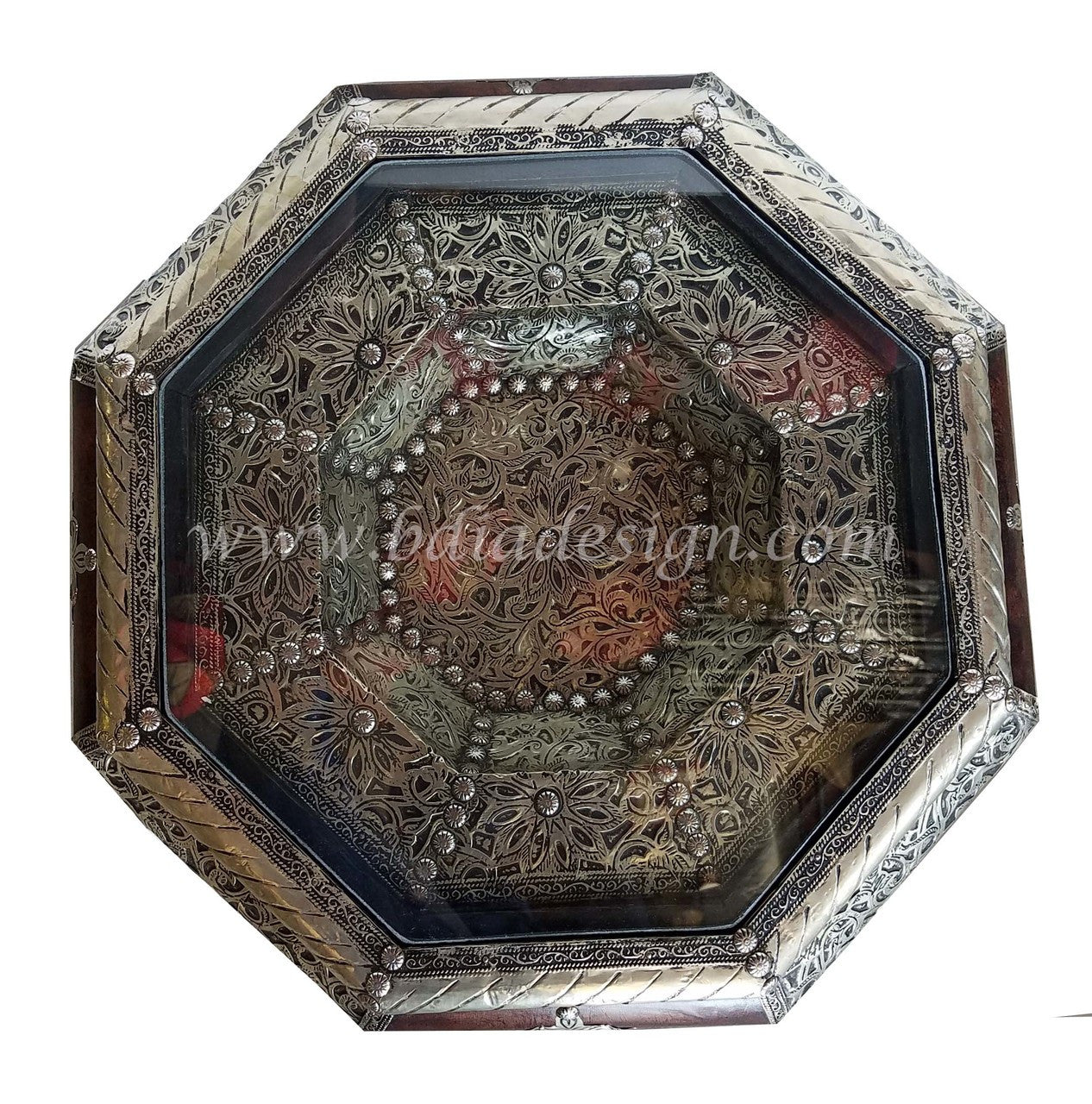 Octogonal Embossed Metal and Leather Side Table