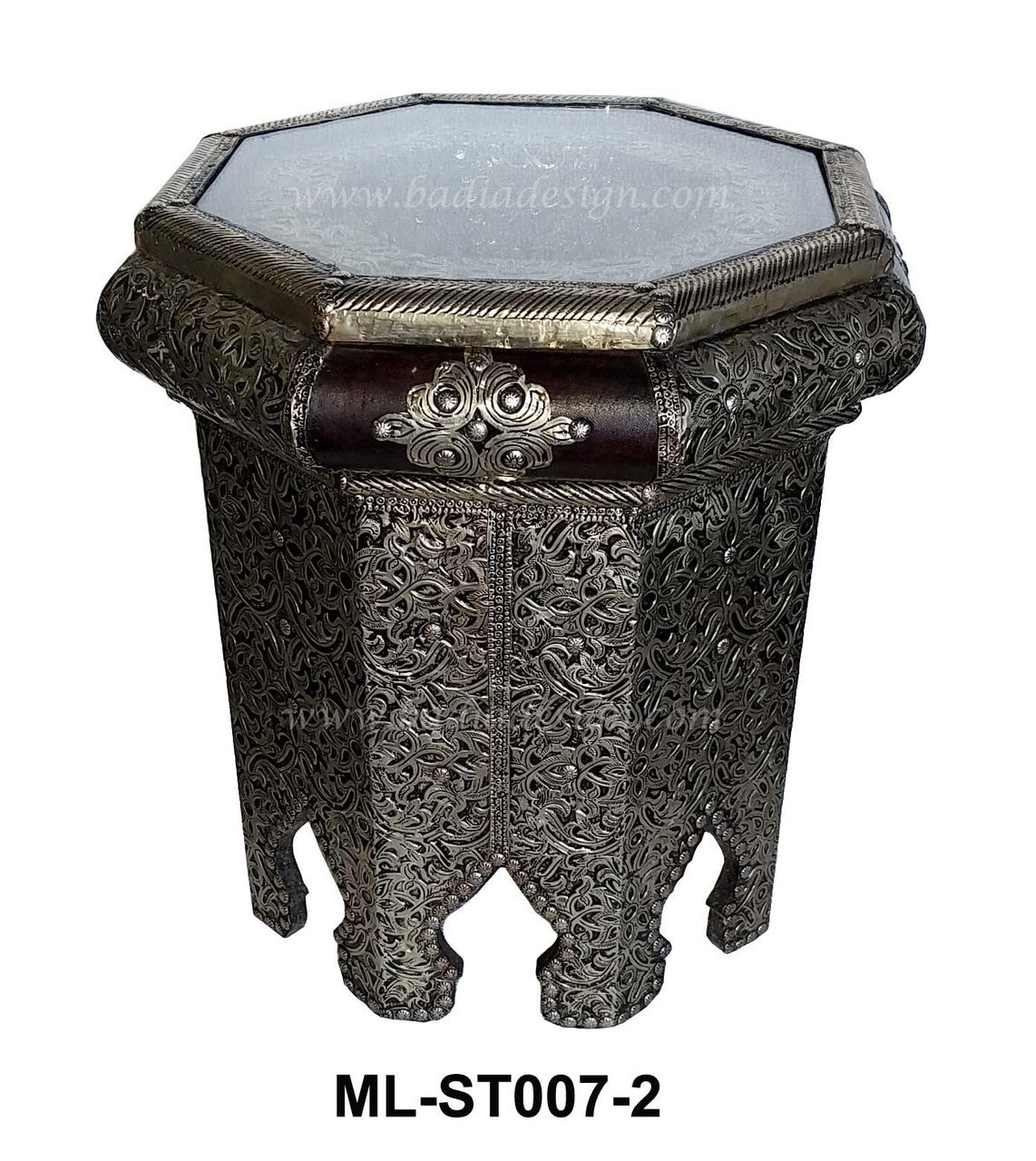 Octogonal Embossed Metal and Leather Side Table
