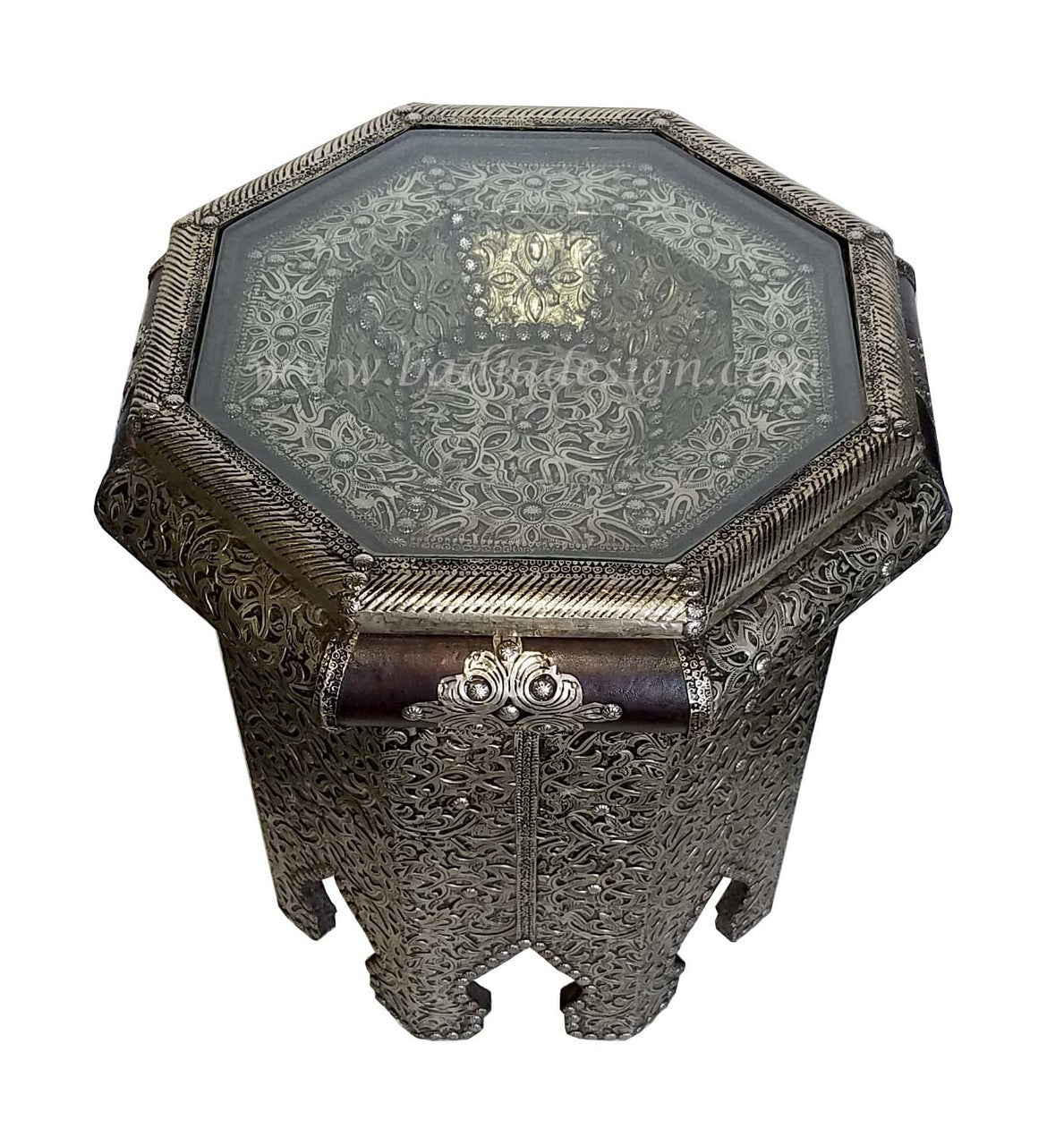 Octogonal Embossed Metal and Leather Side Table