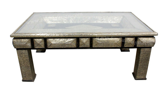 Carved Metal Coffee Table with Glass Top