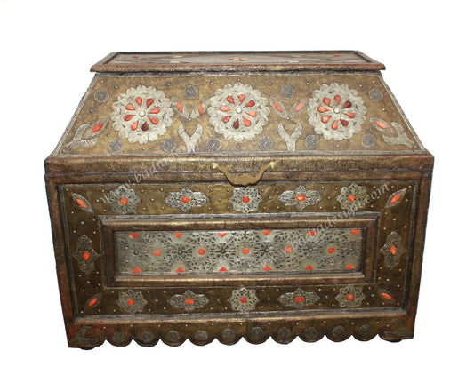 Vintage Embossed Metal Orange Bone Inlay Trunk