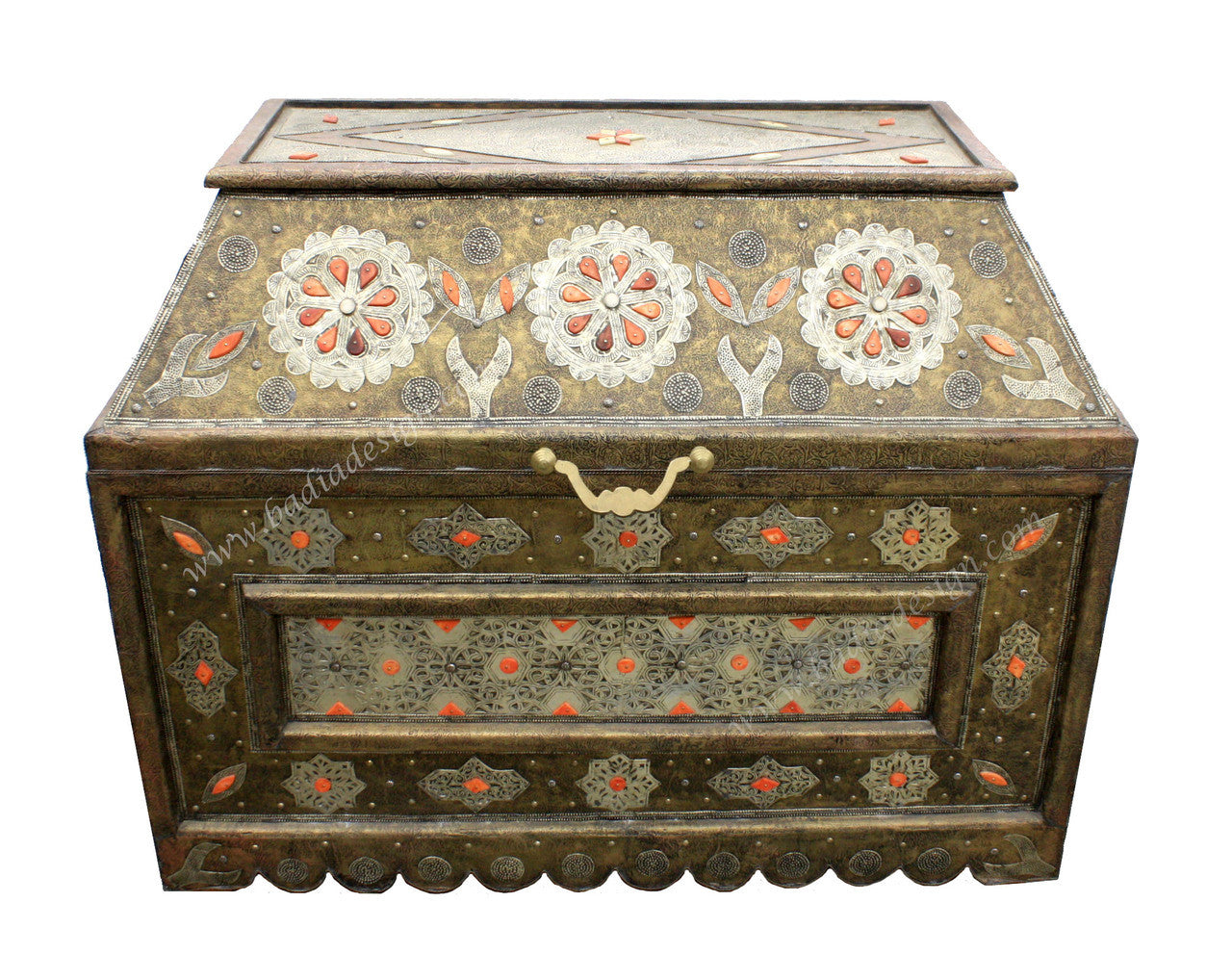 Vintage Embossed Metal Orange Bone Inlay Trunk