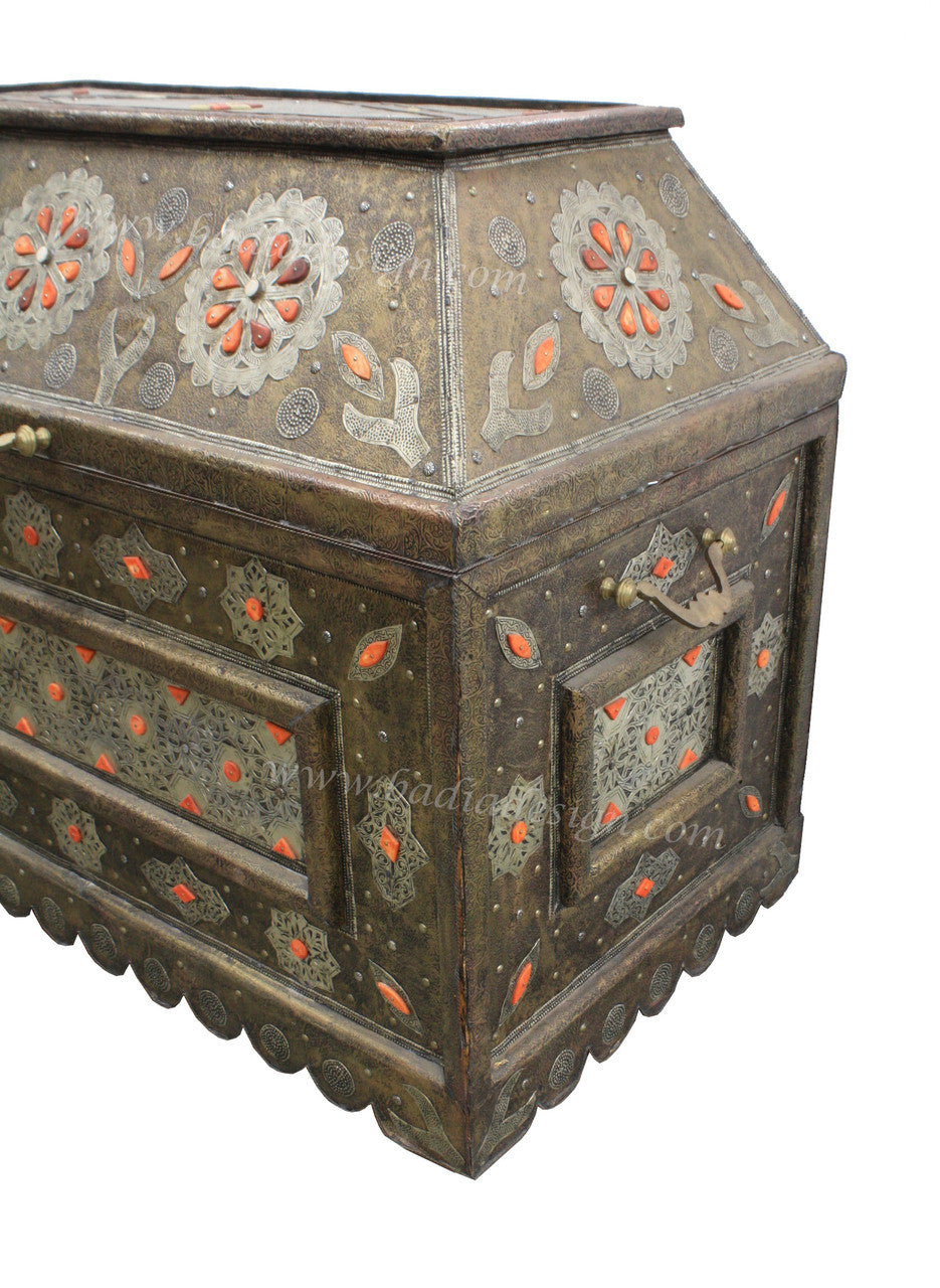Vintage Embossed Metal Orange Bone Inlay Trunk