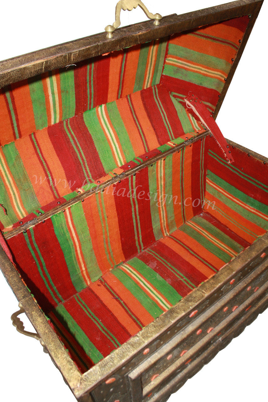 Vintage Embossed Metal Orange Bone Inlay Trunk