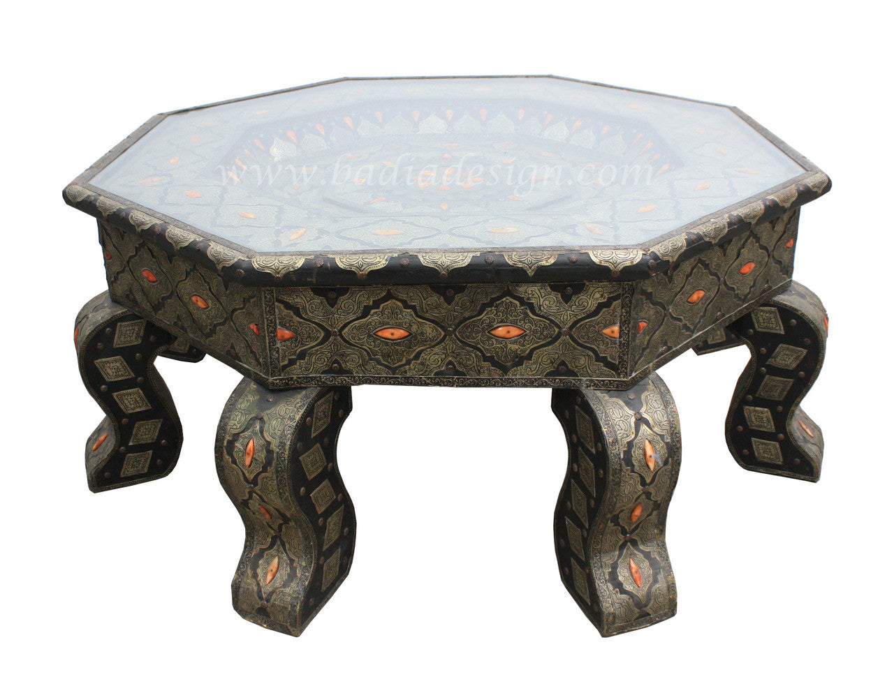 Embossed Metal and Bone Inlay Octagon Table