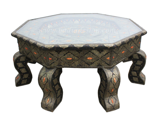Embossed Metal and Bone Inlay Octagon Table