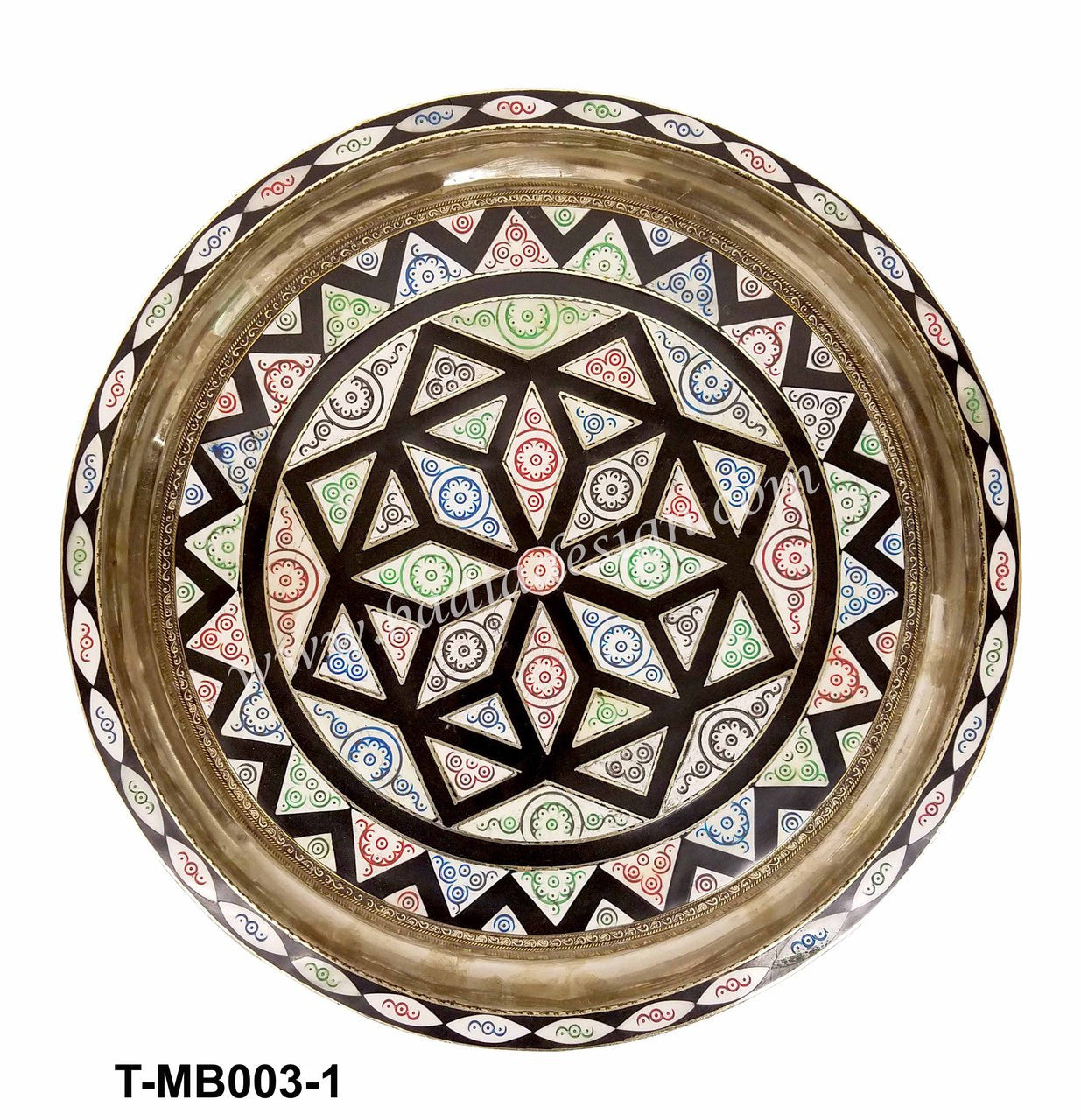 Round Embossed Brass and Bone Inlay Multicolor Tray