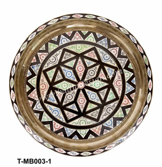 Round Embossed Brass and Bone Inlay Multicolor Tray