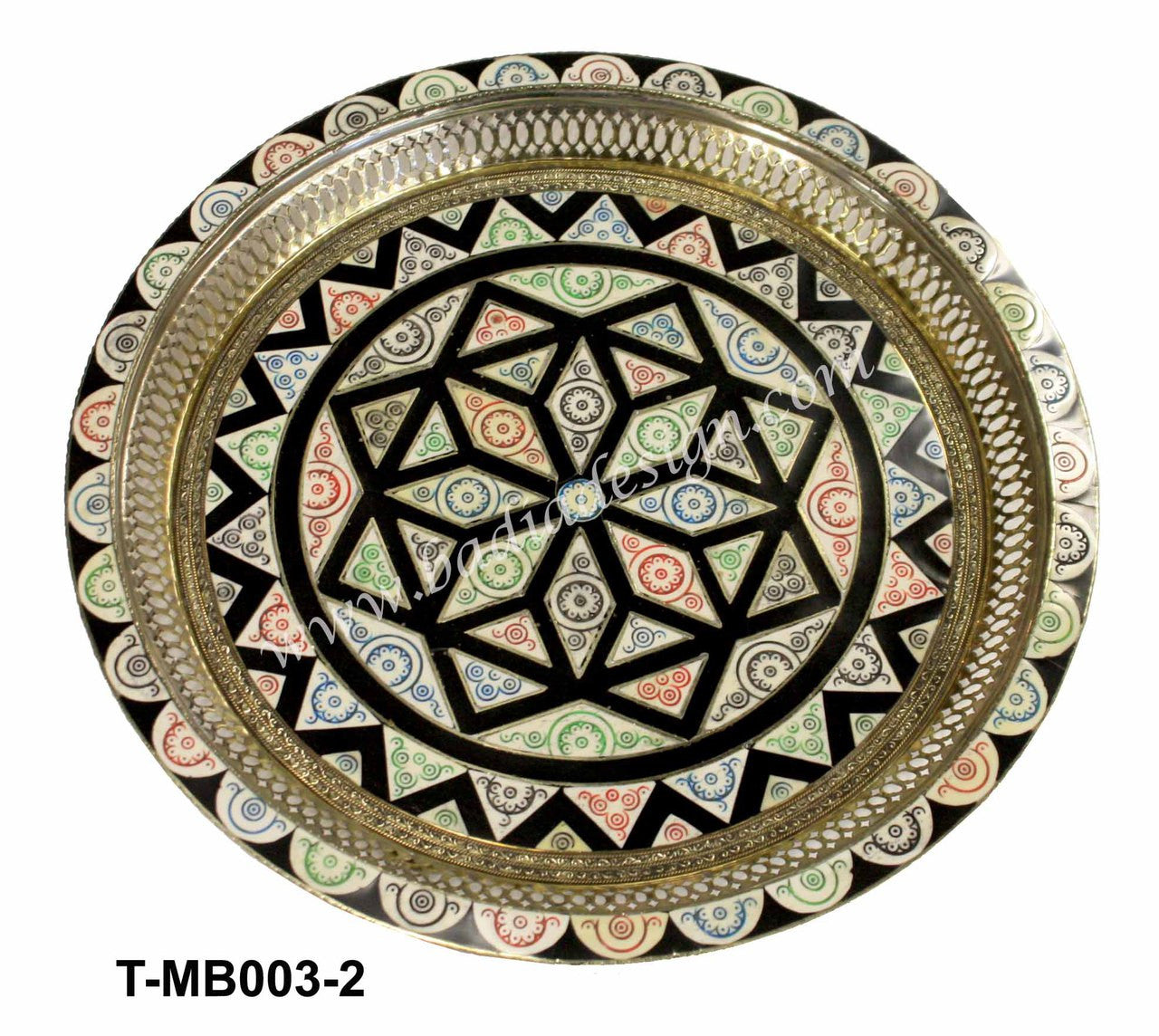 Round Embossed Brass and Bone Inlay Multicolor Tray