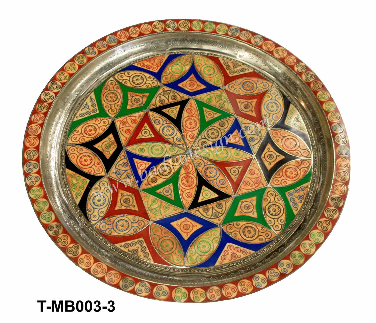 Round Embossed Brass and Bone Inlay Multicolor Tray