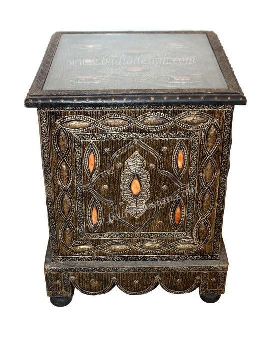 Square Embossed Metal and Bone Table with Glass Top
