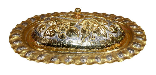 Oval Brass Engraved Gold and Silver Serving Tray with Lid