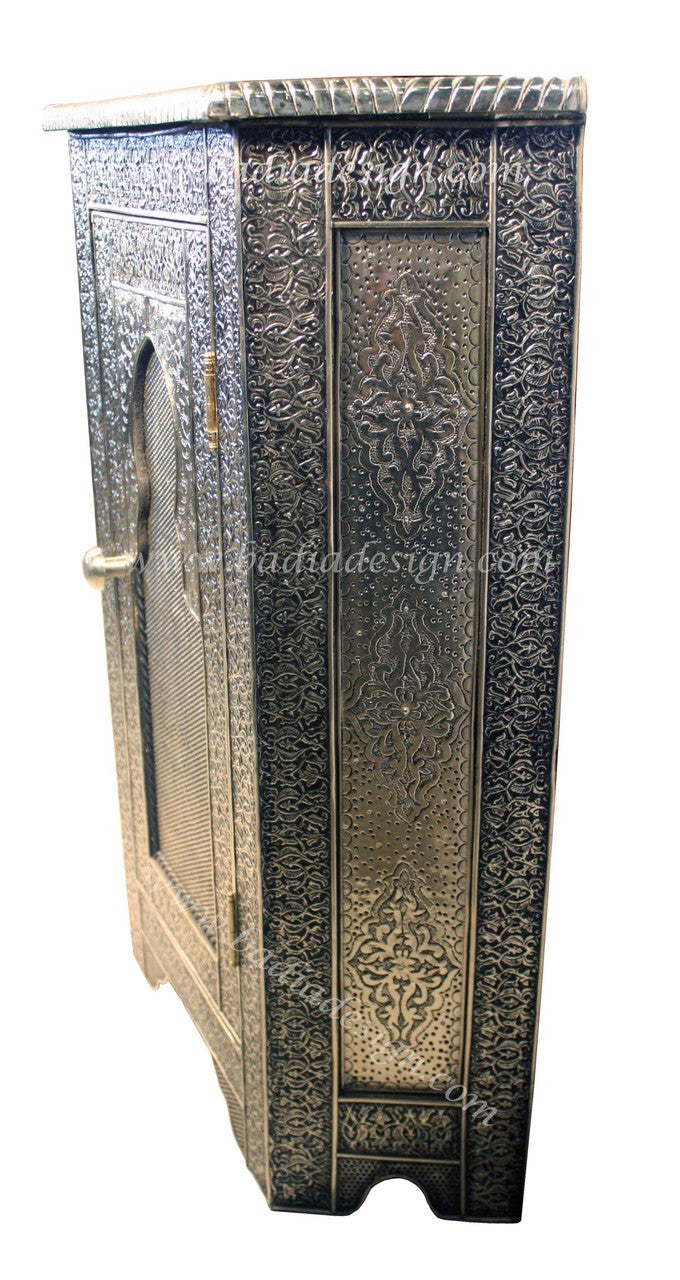 Silver Embossed Metal Cabinet with Glass Top