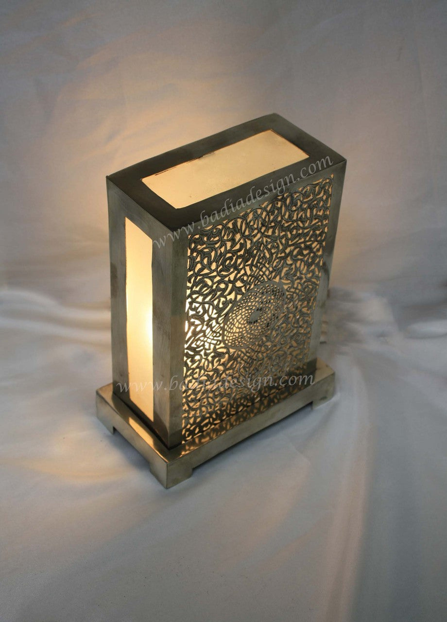 Silver Metal Tabletop Lamp with White Glass