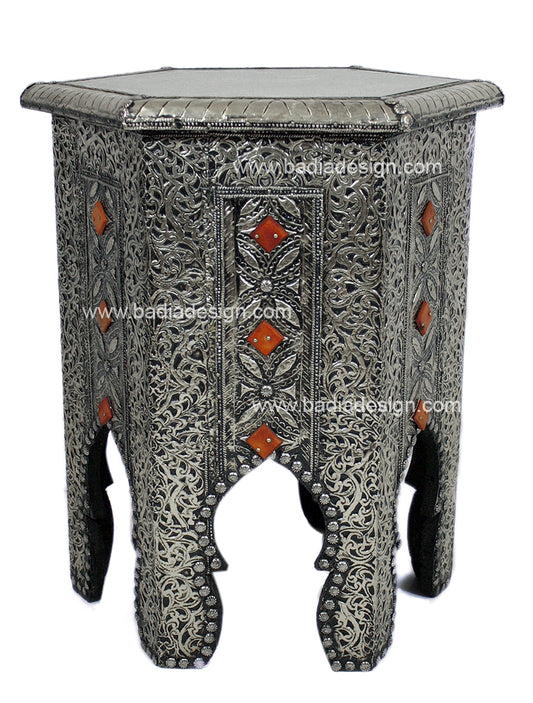 Embossed Metal and Bone Hexagonal Table with Glass Top