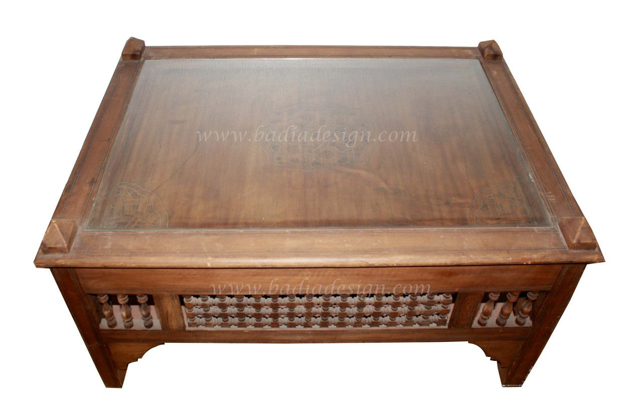 Carved Wood Table with Glass Top