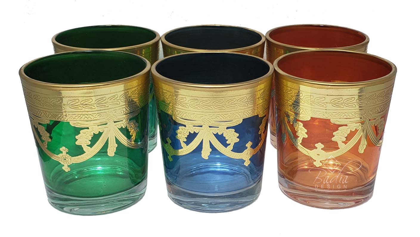 Moorish Gold Motif Multi Color Glass Set - Pack of 6