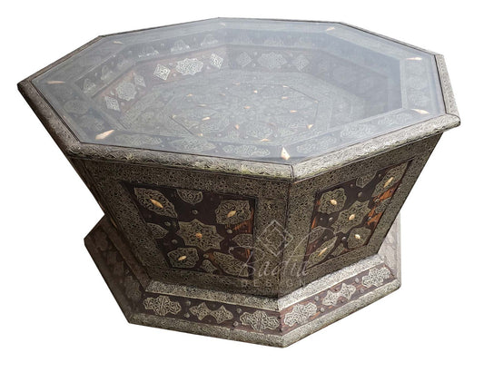Octagon Embossed Metal and Bone Table with Glass Top