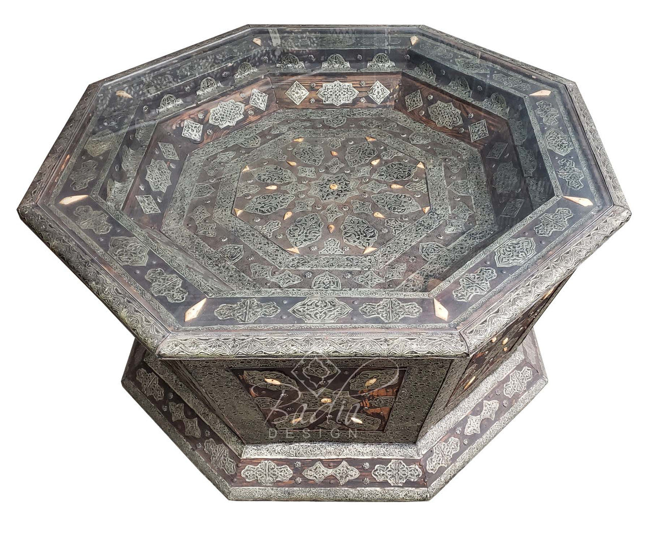 Octagon Embossed Metal and Bone Table with Glass Top
