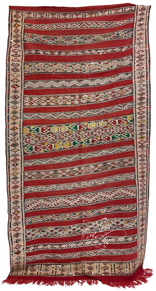 Red Multi-Color Moroccan Kilim Rug with Silver Sequins