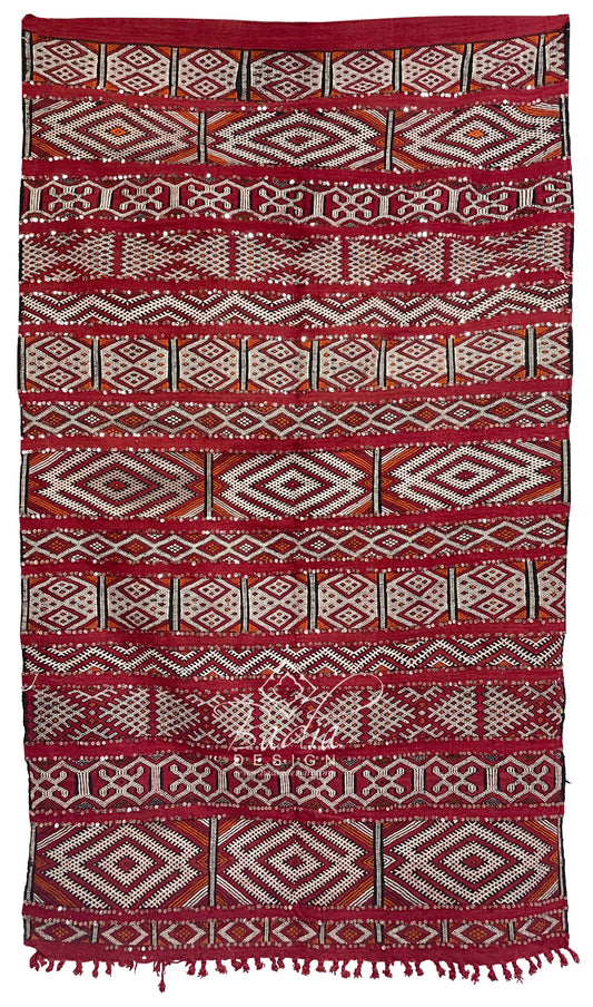 Red Moroccan Kilim Rug with Silver Sequin