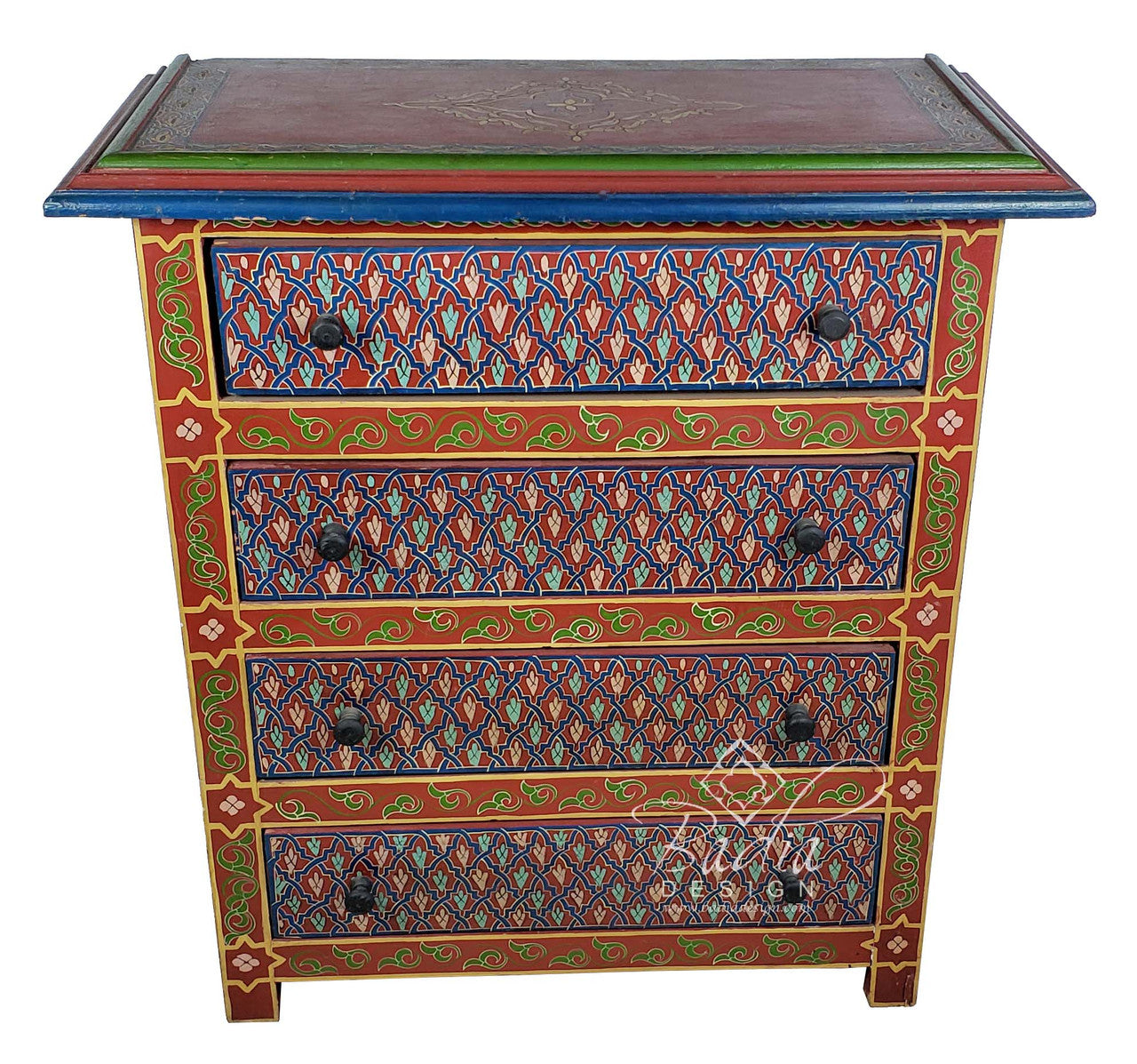 Red Vintage Hand Painted Wooden Dresser Cabinet