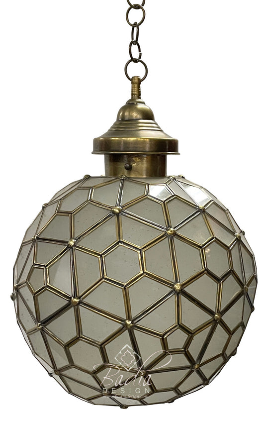 White Glass Round Hanging Brass Lantern