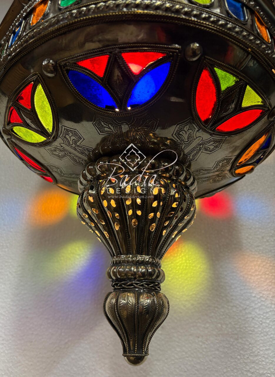 Intricately Designed Silver Chandelier with Multi-Color Glass Eyelets