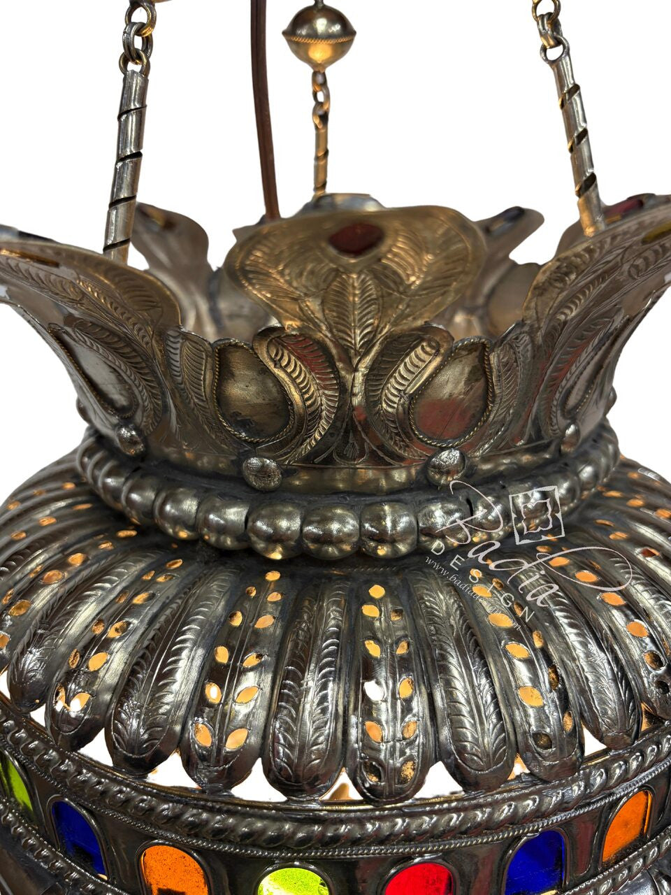 Intricately Designed Silver Chandelier with Multi-Color Glass Eyelets