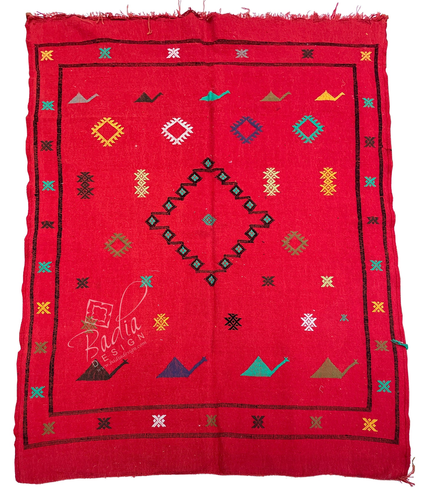 Handwoven Bright Red Moroccan Kilim Rug with Tribal Designs