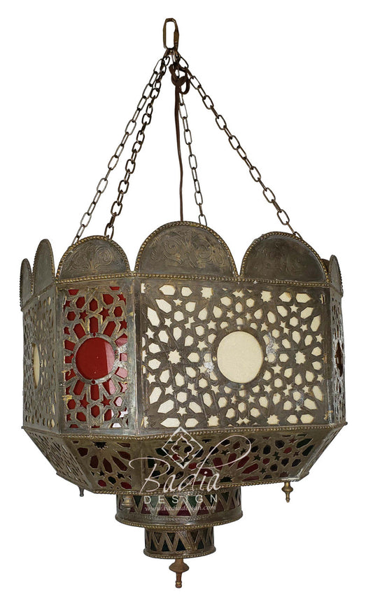 Small Vintage Brass Chandelier with Multi Color Glass