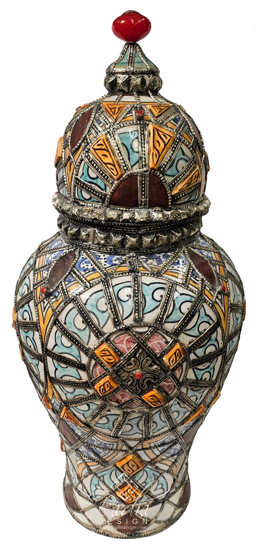 Small Multi-Color Ceramic Metal and Bone Urn