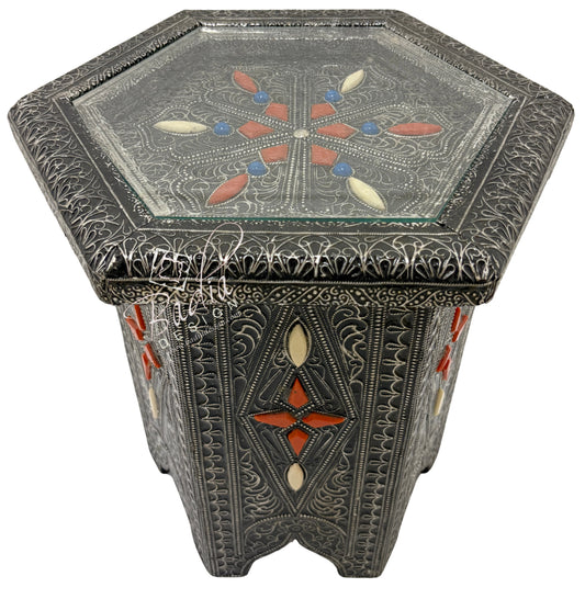 Small Octagon Shaped Metal and Bone Side Table with Glass Top