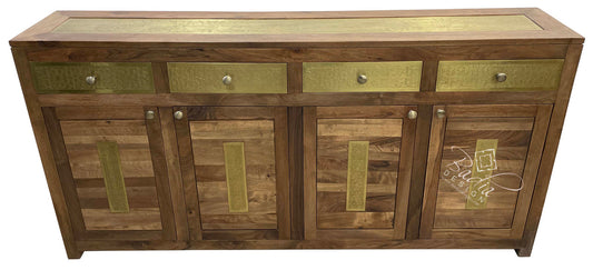 Dark Stained Carved Cedar Wood Cabinet with Embossed Brass Inlay