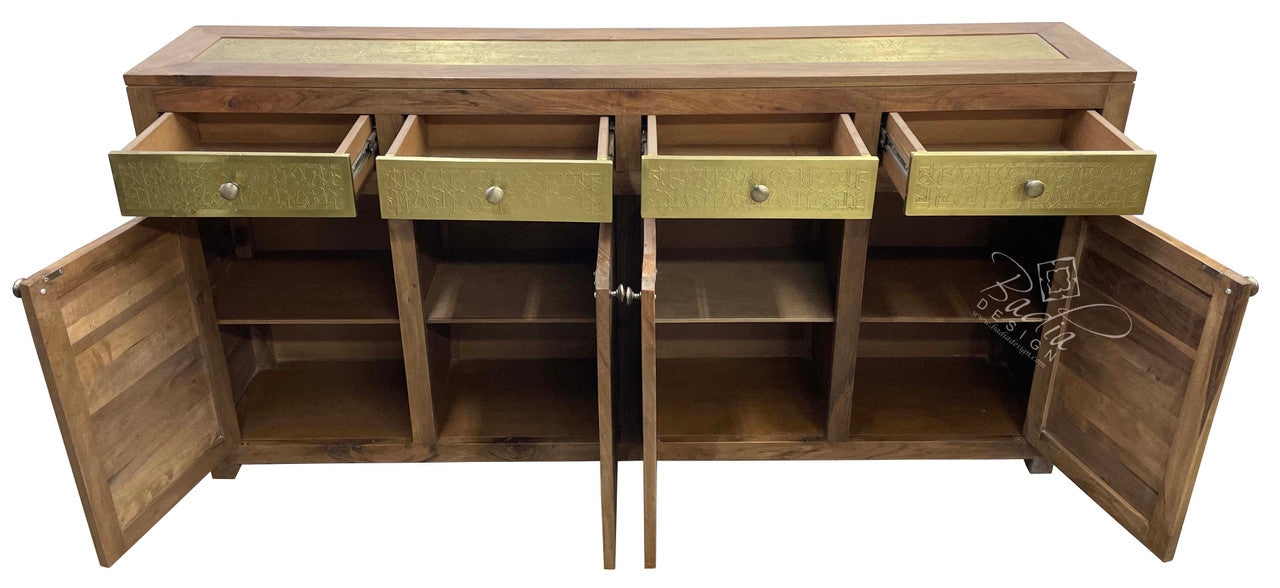 Dark Stained Carved Cedar Wood Cabinet with Embossed Brass Inlay