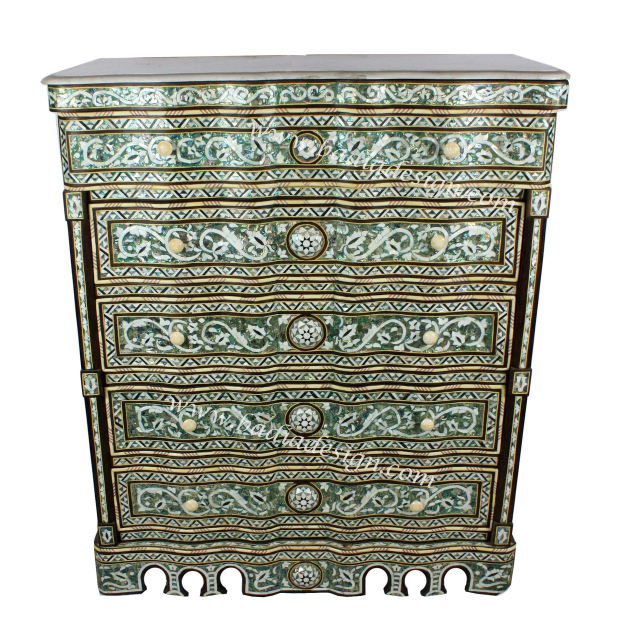 Syrian Mother of Pearl Inlay Dresser with White Marble Top