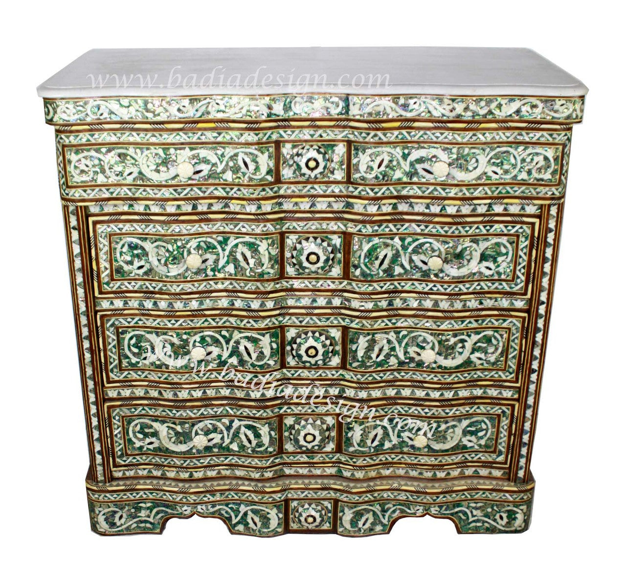 Syrian Mother of Pearl Inlay Dresser with White Marble Top