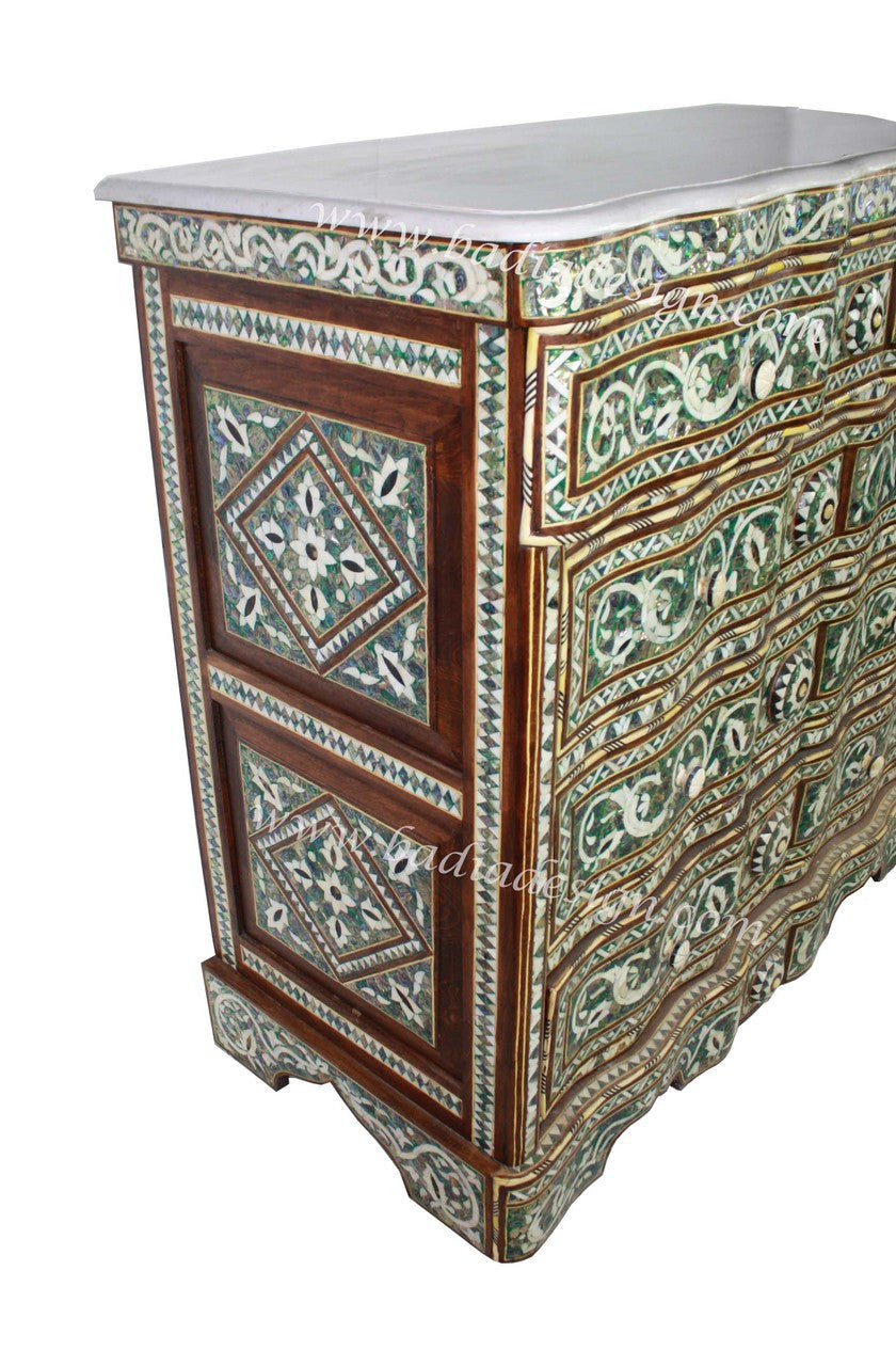 Syrian Mother of Pearl Inlay Dresser with White Marble Top