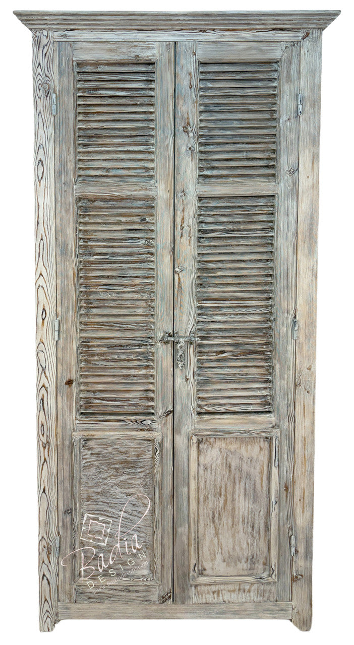 Hand Carved Moroccan Whitewashed Cedar Cabinet