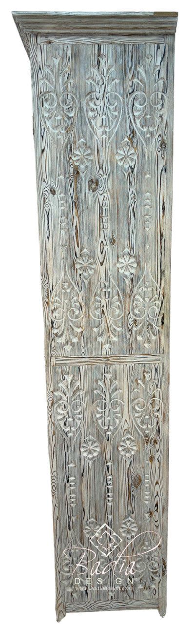 Hand Carved Moroccan Whitewashed Cedar Cabinet