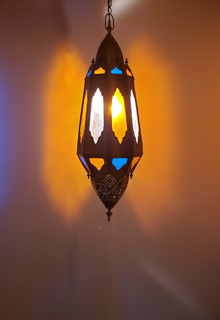 Tall Brass Chandelier with Multi Color Glass