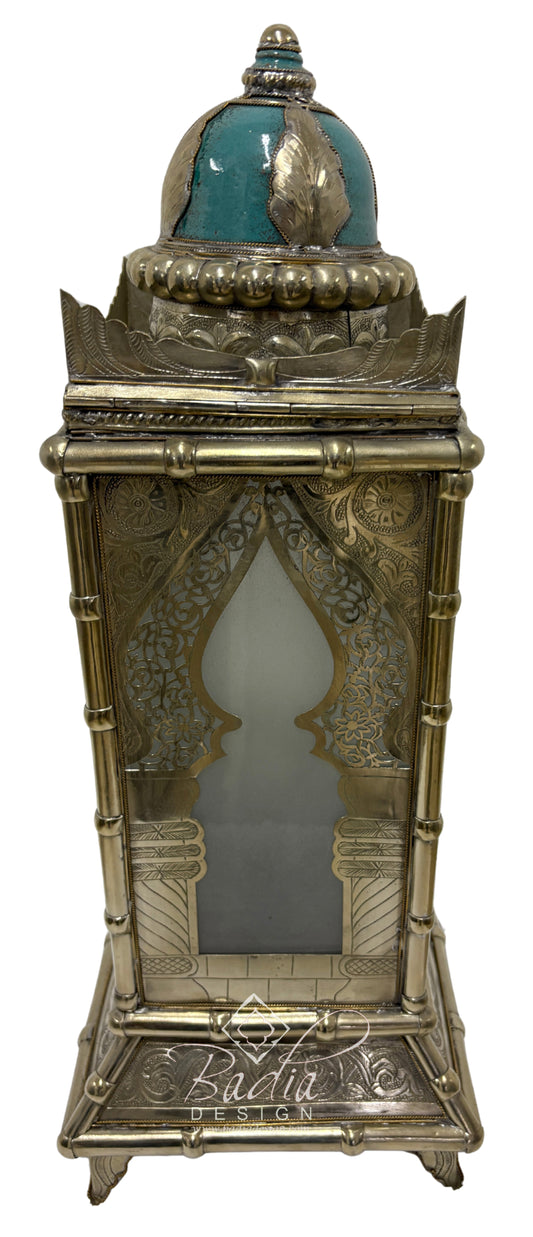 Tall Brass Floor Lantern with Teal Ceramic Decor