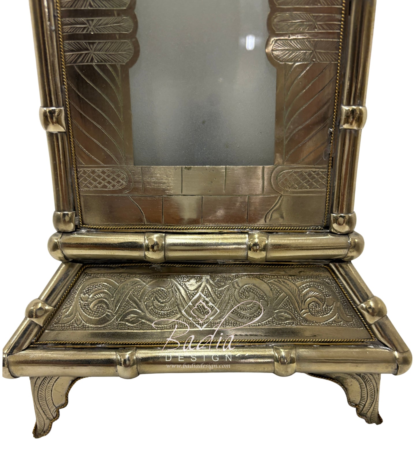 Tall Brass Floor Lantern with Teal Ceramic Decor